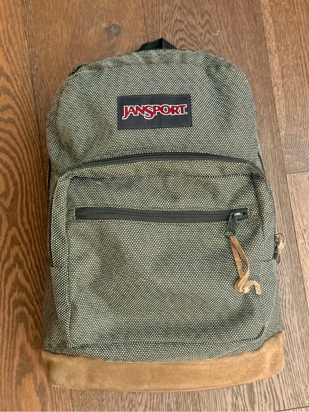 Jansport Black & Cream Tweed Backpack with Tan Suede Base